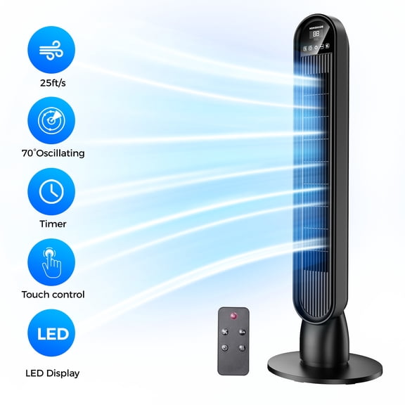 Tower Fan, 36" LED Display Floor Fan with Remote, 20ft/s Max Speed, 4 Speeds 4 Modes, 70° Oscillating, 8H Timer,Auto Dimming, for Bedroom Office