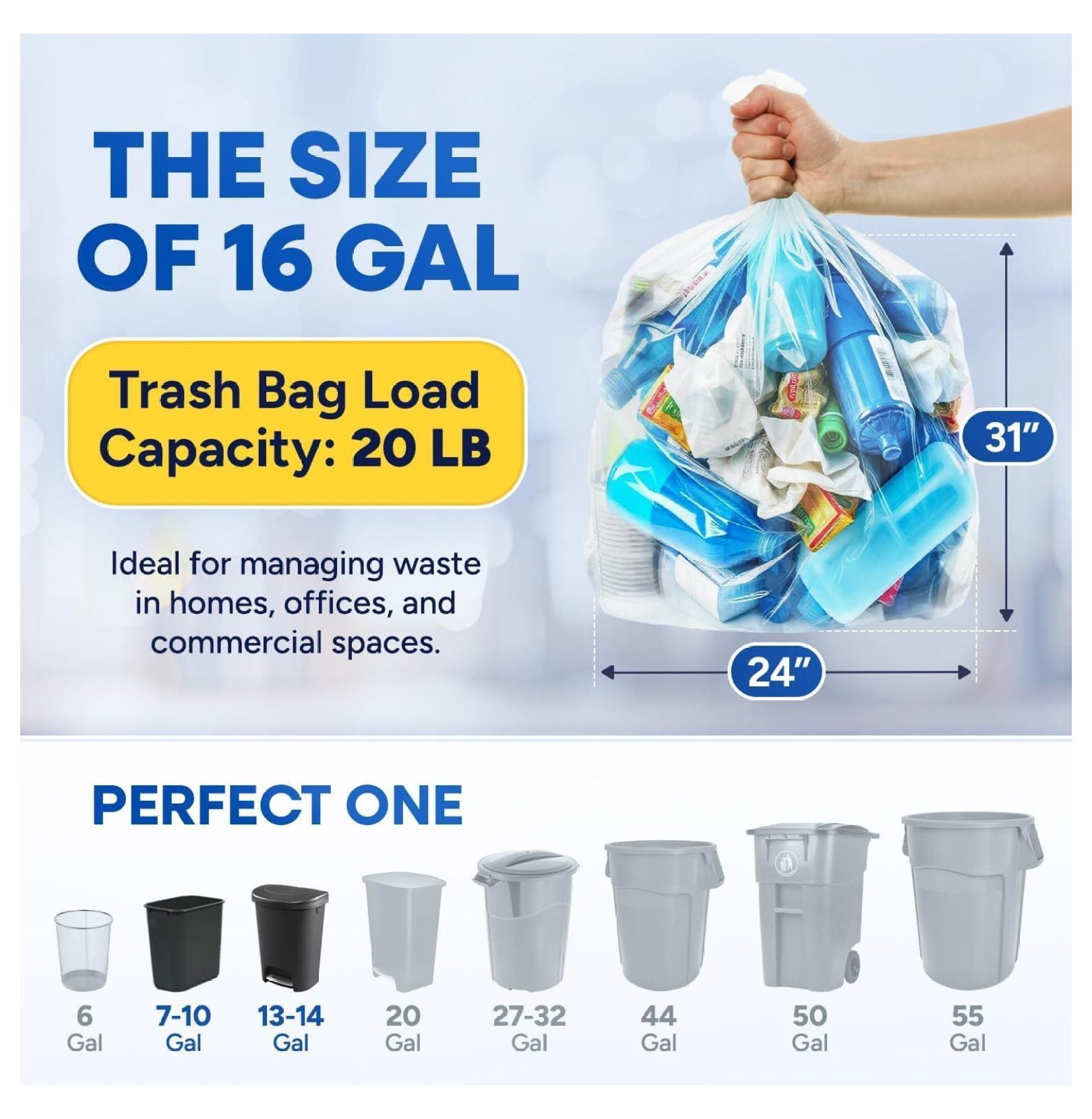 12-16 Gallon Clear Trash Bags, 24" x 31" High-Density Garbage Can Liners, 6 Micron, Unscented, Bulk Pack of 1000, for Indoor/Outdoor Use