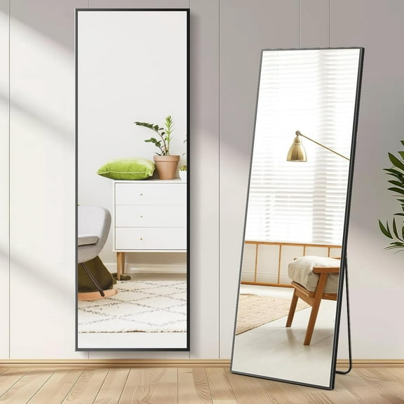 Full Length Mirror 64"x21" Full Body Floor Mirror for Bedroom or Cloakroom, Can Stand Alone, Hang or Lean Against Wall, Tall Wall Mirror with Stand and Sleek Aluminum Alloy Thin Frame