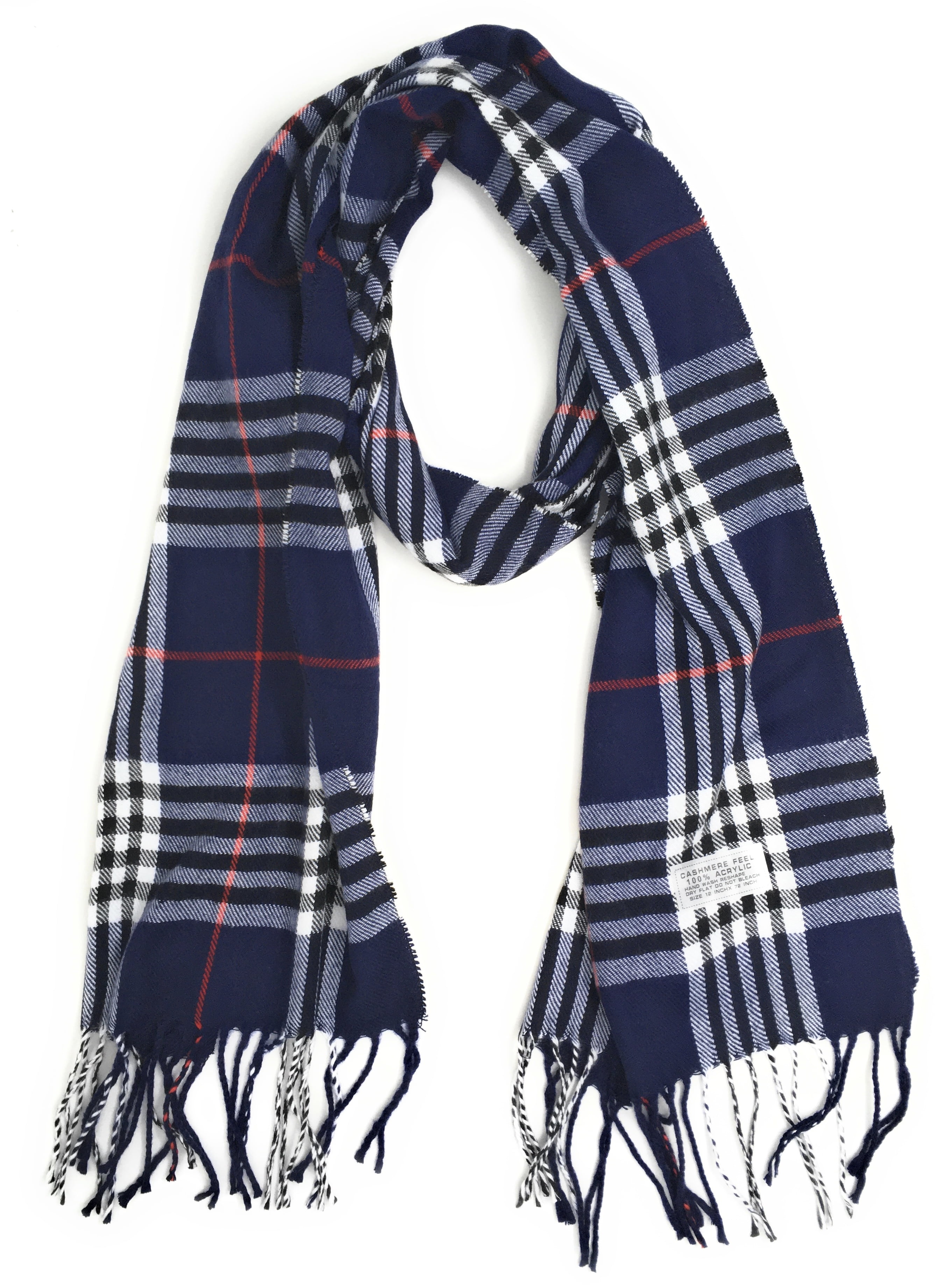 Winter scarf Unisex Vintage Scarf Navy Blue Red White Large cozy scarf Super Soft Plaid Scarf 19 x 72 inches Short fringe