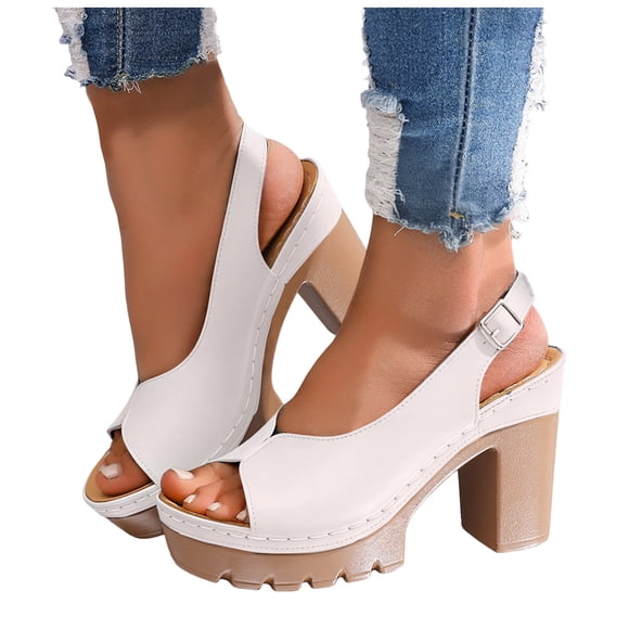 Dakaela Platform Heeled Sandals for Women with Adjustable Slingback Strap Open Toe Dressy Summer Vacation Beach Wedges Size 6-10 White
