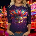 thumbnail image 4 of Ounisa 2025 Womens 3/4 Sleeve Tops Mardi Gras Outfit for Women Fashion Round Neck Clothes Mardi Gras Mask Printed Color Block Blouse, 4 of 7