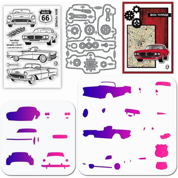 Car Clear Stamps Cutting Dies PET Painting Stencils for DIY Card Making Gear Silicone Stamp Metal Road Sign Die Cuts PET Paint Stencils for DIY DIY Scrapbooking Crafts Decor