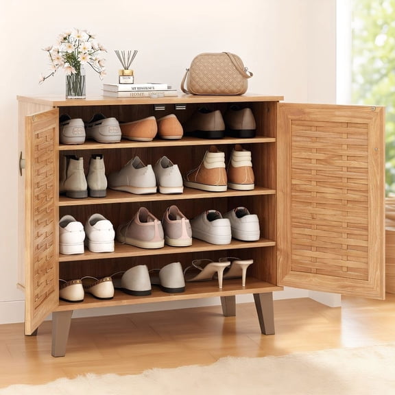 Barara King Shoe Cabinet, Shoe Organizer,2-Door 4-Tier Shoe Cabinet Storage Organizer with Ventilated Woven Doors-Teak