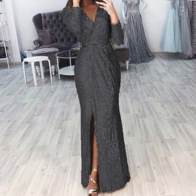 Robe à Sequins Col en V Profond pour Femmes avec Fente Manches Longues Robe de Soirée Club pour Femmes Nouvelle