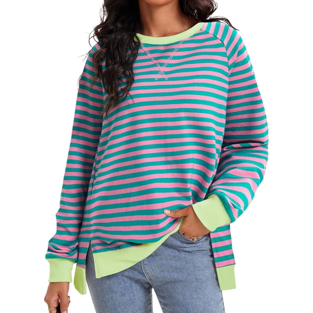 Sudadera a Rayas para Mujer ATHLECHIC Ajuste Holgado de Manga Larga Cuello Redondo Top XL Verde Rosa