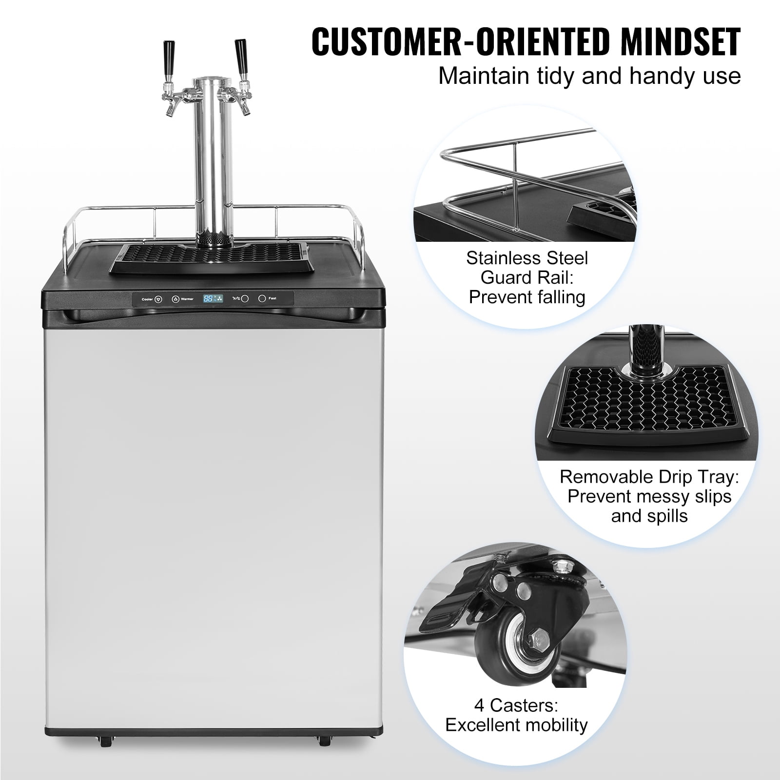 KFFKFF Dual Tap Beer Cooler, Keg Fridge with Shelf, CO2 Tank (Empty), Drip Tray & Guardrail, Temp Range 23°F-82°F, 162L Capacity, Silver