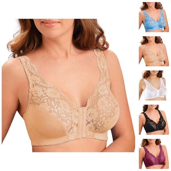 Front Closure Bras for Women V Neck Floral Lace Semi Sheer Plus Size Wireless Bralettes Everyday Bra