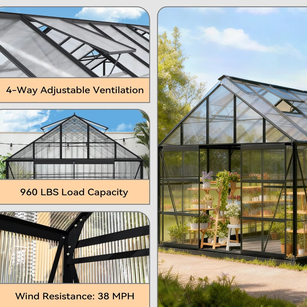 10ft x 16ft, Walk-In Polycarbonate Greenhouse with 4 Adjustable Roof Vents, Aluminum Frame