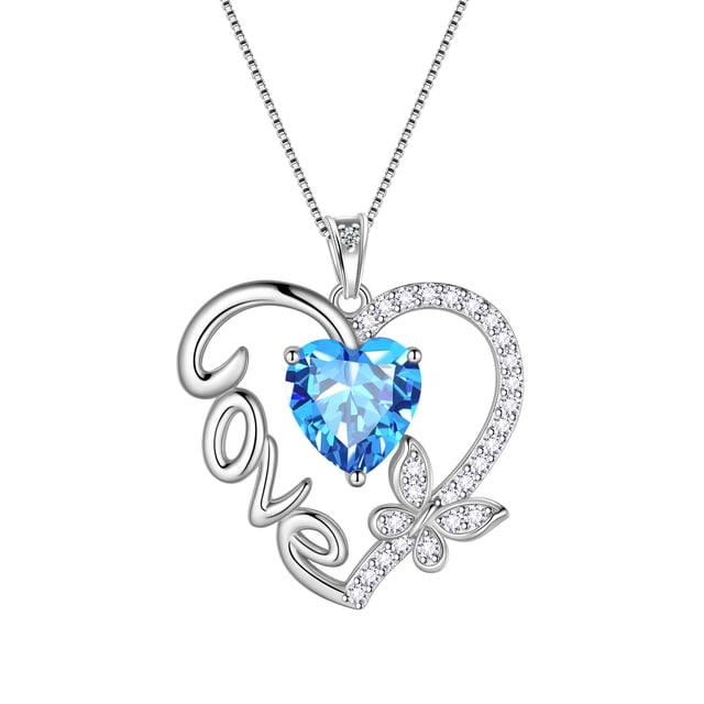 Juwaliy Collar de Corazón de Amor Azul Mariposa Collar de Piedra de Nacimiento de Marzo Aguamarina CZ Dije de Plata Esterlina 925 Joyería Mujer Regalo de Cumpleaños Día de la Madre para Ella