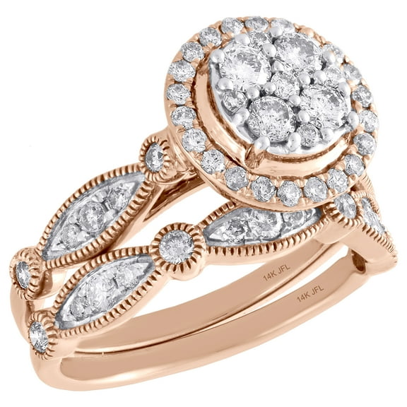 14K Rose Gold Diamond Bridal Set Flower Engagement Ring   Wedding Band 1 Ct.