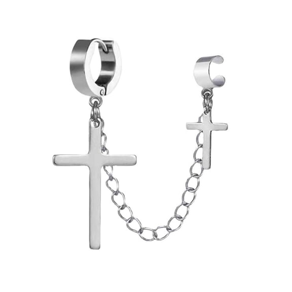 AYYUFE 1Pc Punk Hip Hop Metal Chain Ear Cuff Creative Cross Tassel Men Earring Jewelry Accessories Stainless Steel Clear