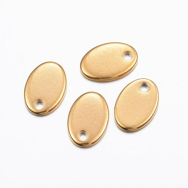 Ion Plating(IP) 304 Stainless Steel Charms Stamping Blank Tag Oval Real 18k Gold Plated 9x6x0.8mm Hole: 1mm