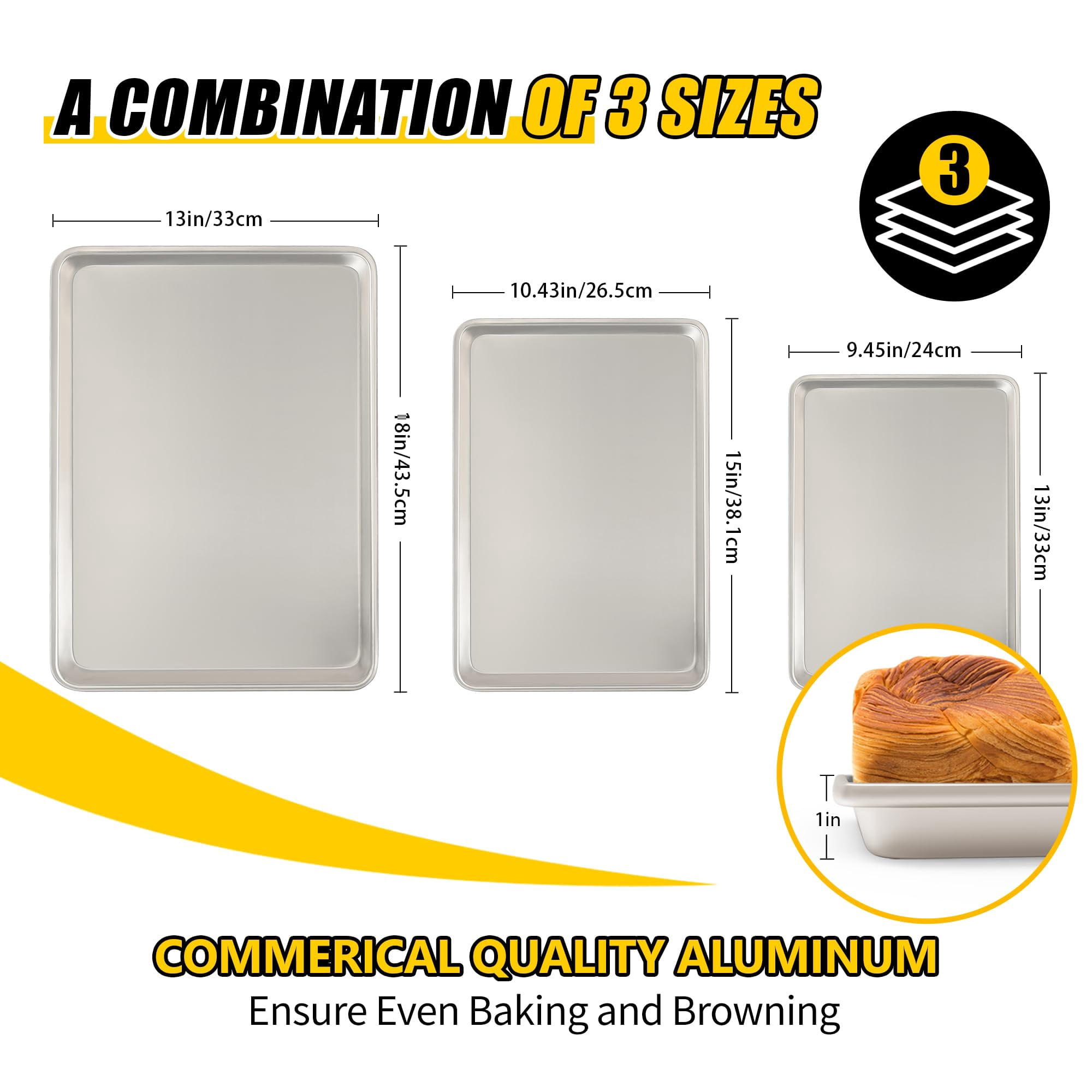 Baking Sheet Pan Set of 3 Commercial Quality Aluminum Cookie Sheets for Oven