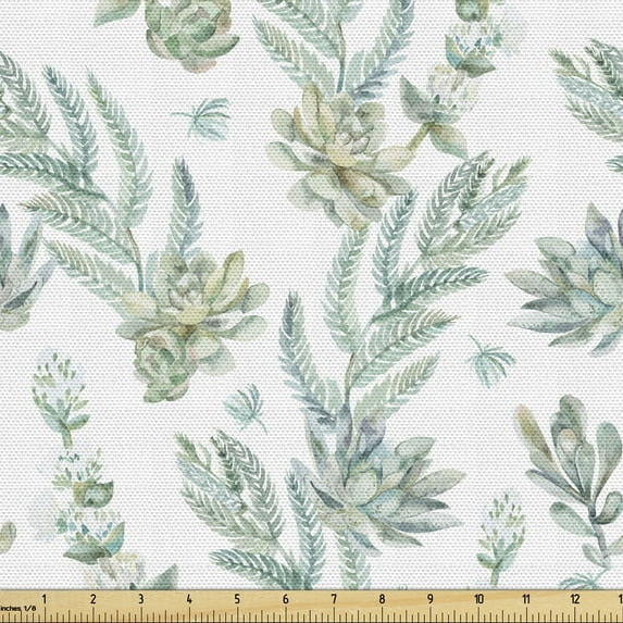 Botanical Fabric by the Yard Upholstery, Watercolor Illustrated Various Wild Tropic Succulent Branches Plant Types, Decorative Fabric for DIY and Home Accents, White Pale Seafoam by Ambesonne