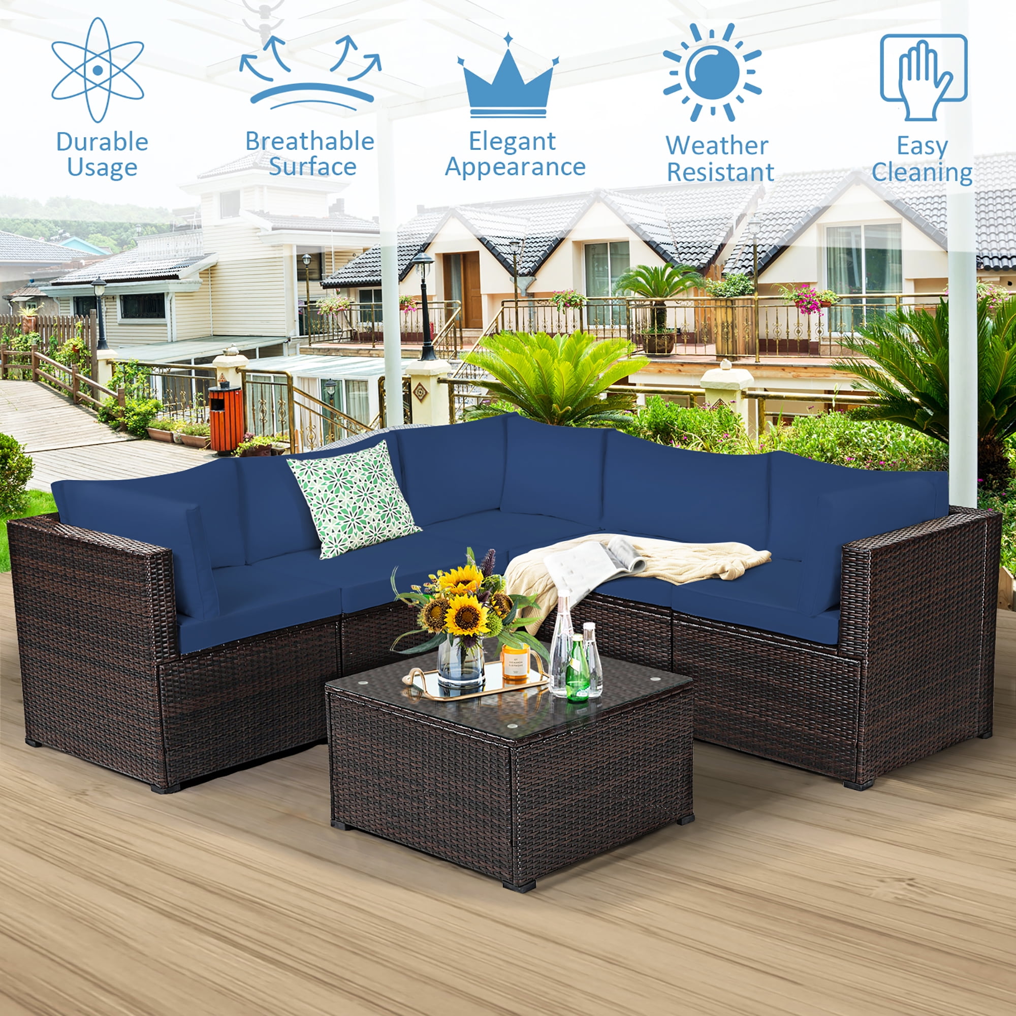 Costway 6PCS Patio Rattan Furniture Set Sectional Cushioned Sofa Deck Navy