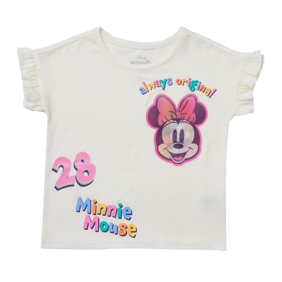 Disney Minnie Mouse Shirt for Toddler Girls with Lenticular Patch, Short Ruffle Sleeve Birthday Kids T-Shirt (Ivory, 3T)