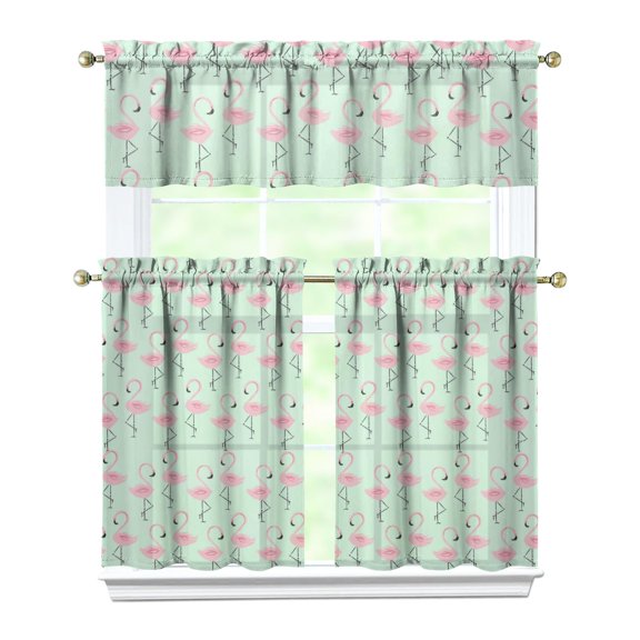 Kitchen Curtains 36 Inch Short - 3 Panel Set, Flamingo Tropical Bird Print, Rod Pocket Window Curtain, 100% Polyester for Hawaiian Summer Beach Decor, Easy Wash