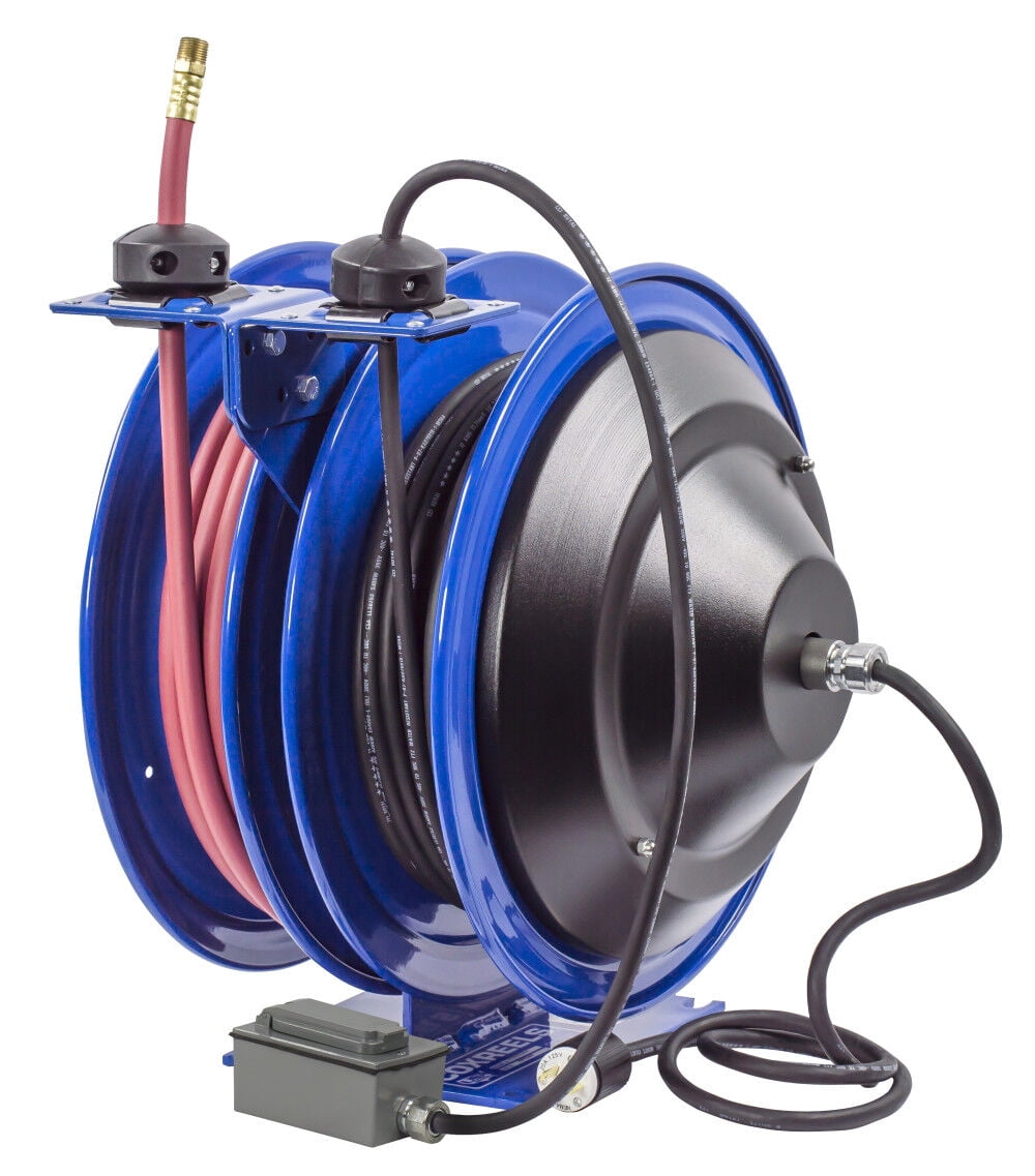 Coxreels Hose Reel Dual Purpose Spring Rewind 3/8In X 50' 300Psi Gfci Receptacle 50' Cord 12 Awg