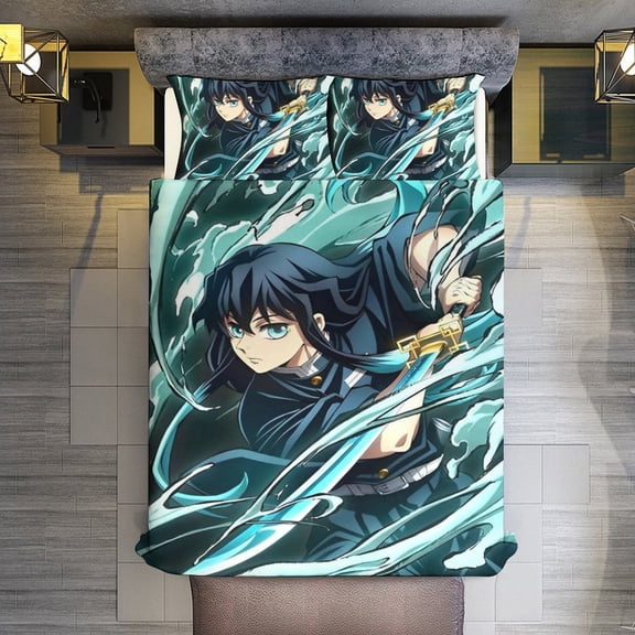 Demon Slayer Tokito Muichiro 3-Piece Bedding Comforter Set Bed Cover Set Soft Warm Bedding for Bedroom, Home, Hotel 86"x70"