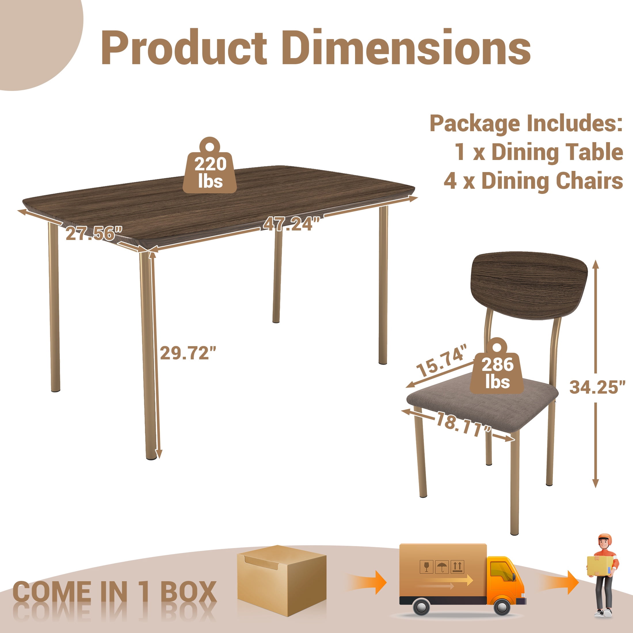 UHOMEPRO Dining Table Set for 4, Farmhouse Kitchen Table with 4 Fabric Upholstered Chairs, Curved Table Design, Dining Room Table Set for Dining Room, Kitchen and Apartment, Walnut+Beige