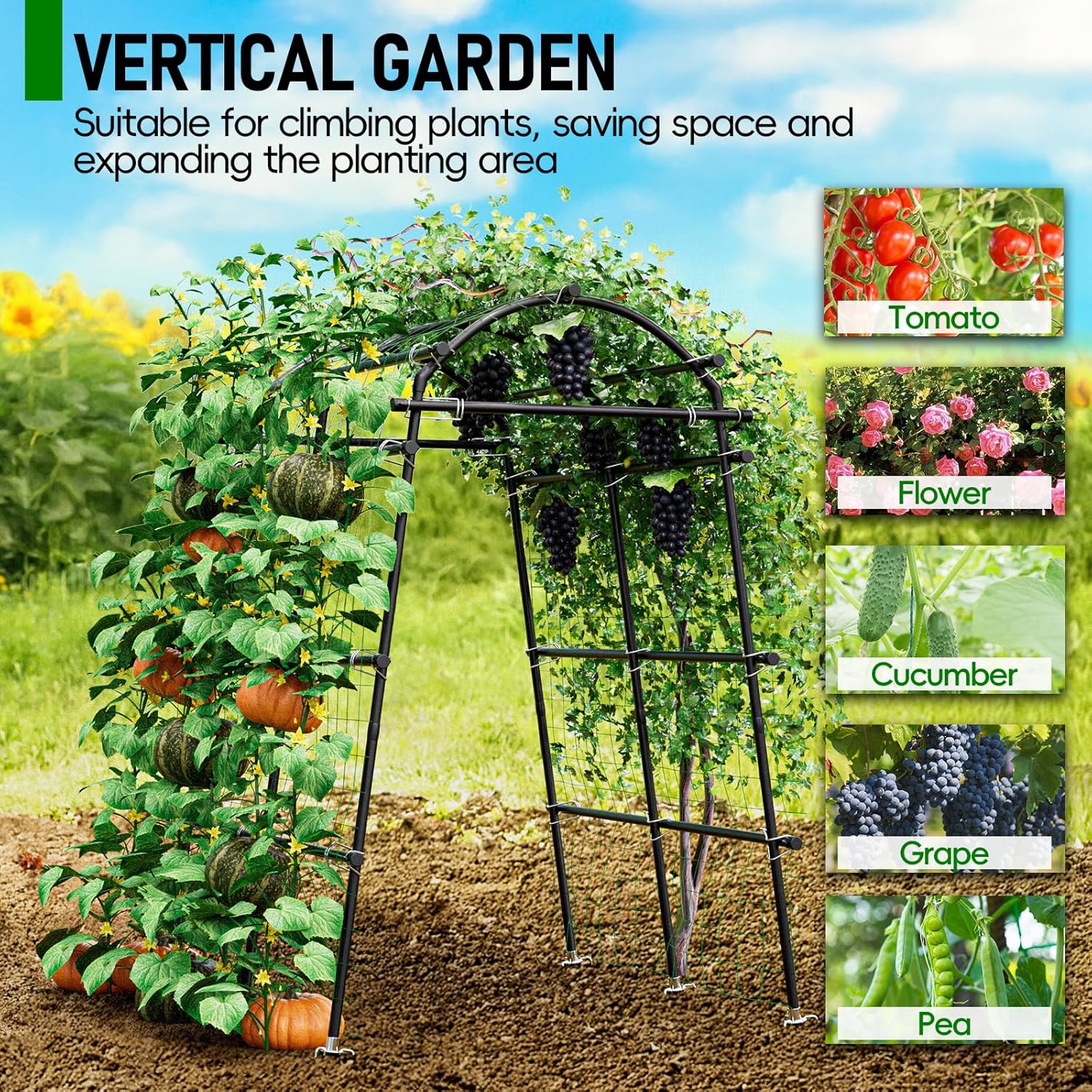 Garden Arch Trellis 88.58"  Tall for Climbing Plants Outdoor, Steel Stainless Arched Arbors Tunnel Trellis with Netting, Metal  Ties for Cucumber Tomato Pea Vines Fruit