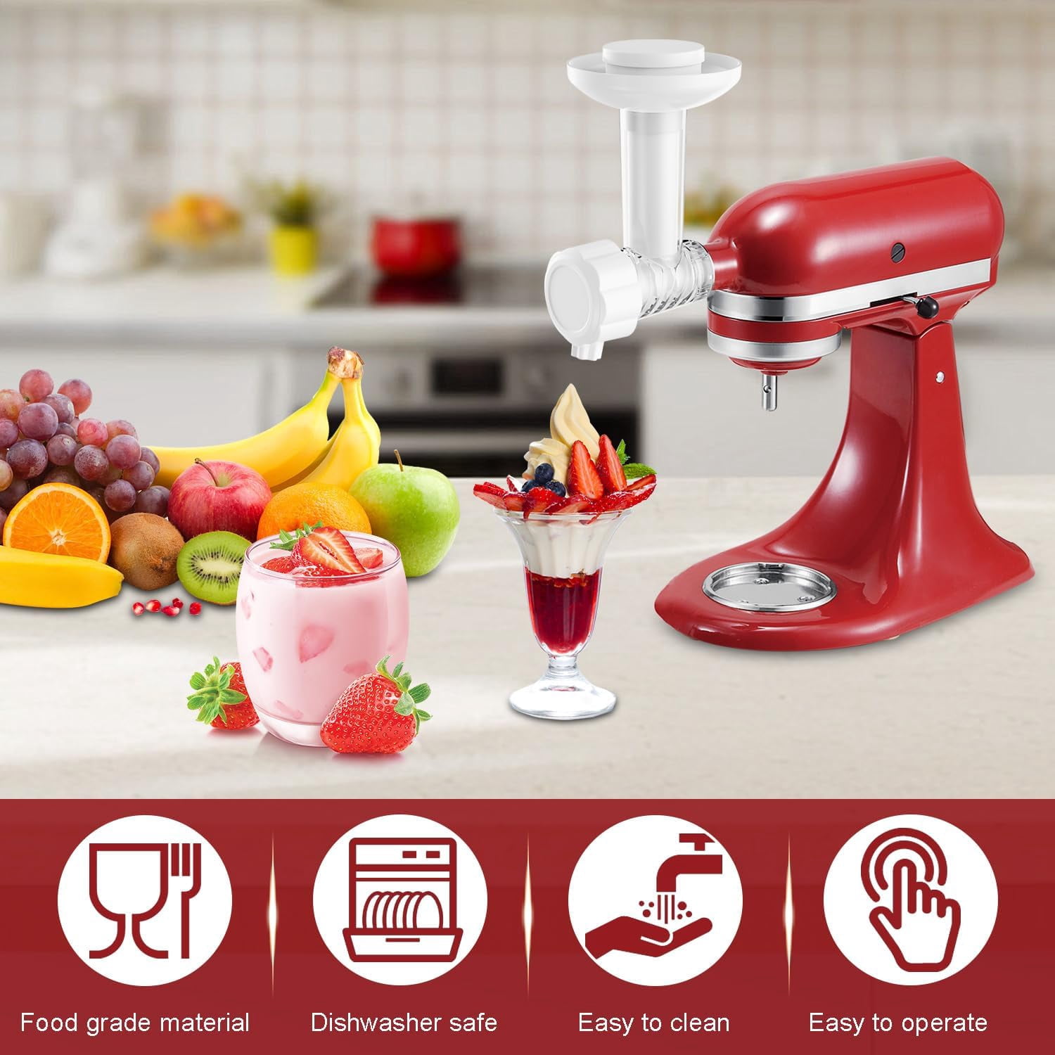 EP Ice Cream Maker Attachment for KitchenAid Stand Mixers, Dairy Free Frozen Fruit Soft Serve Ice Cream Machine Compatible with KitchenAid and Cuisinart, for Making Yogurt/Natural Desserts/Gelato