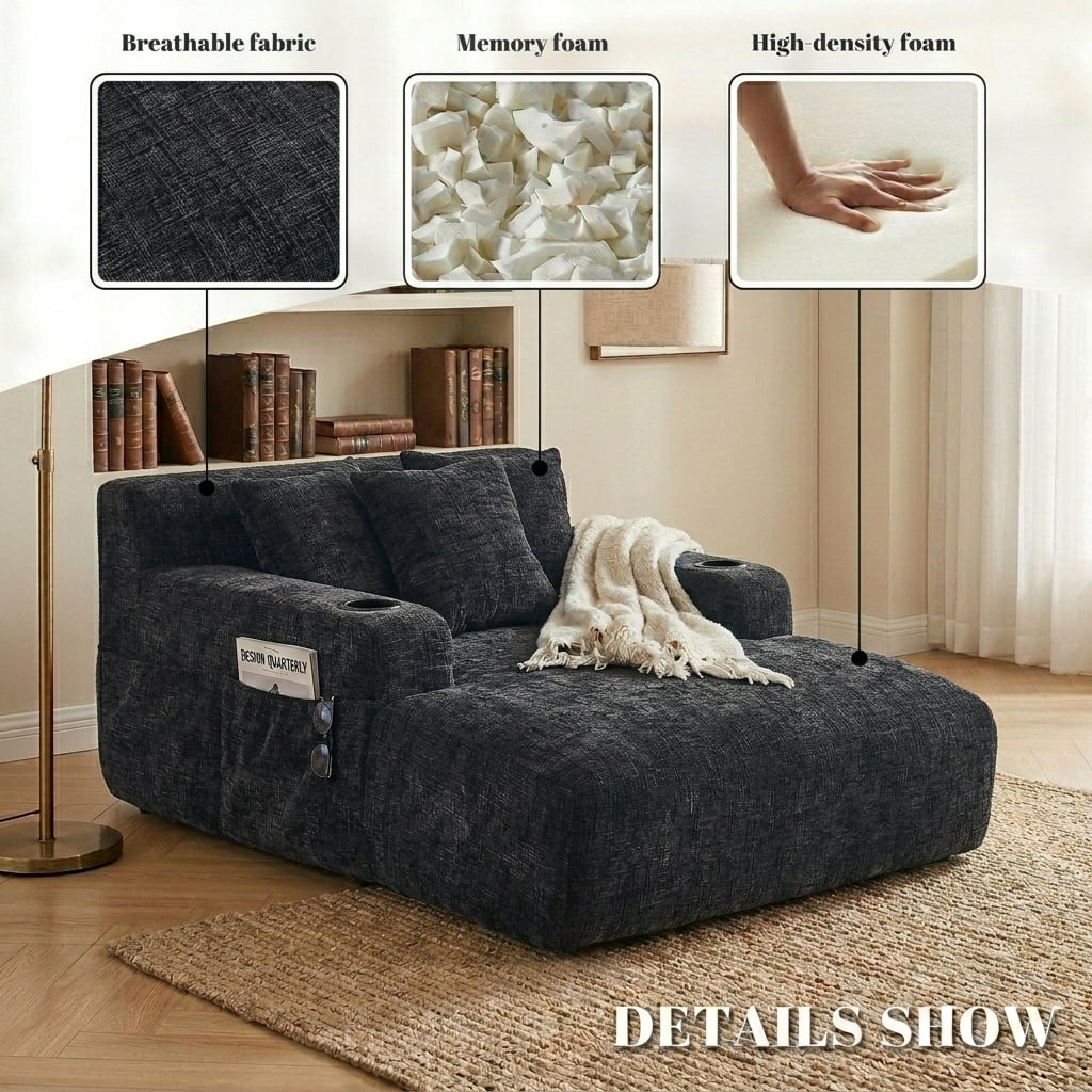 MOONMISS Chenille Chaise Lounge Chair Indoor, Single Sleeper Sofa Chair with Pillows & Cup Holders, Comfy Compression Sofa Bed for Living Room, Bedroom
