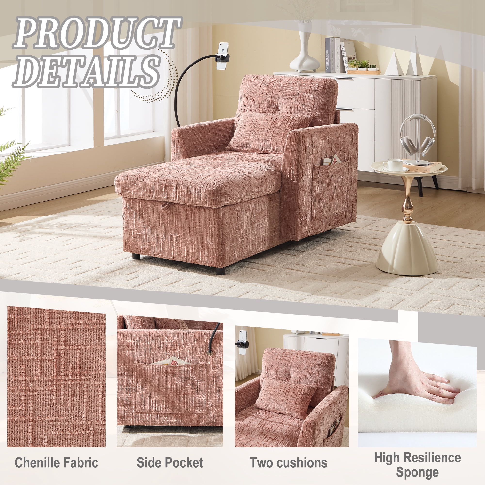 Aukfa Storage Chaise Lounge Single Sofa with Phone Holder and Pillow for Living Room Bedroom, Chenille, Pink