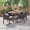 Teak/Multi Brown/Beige, variant on Bruno Outdoor 7 Piece Acacia Wood and Wicker Dining Set with Cushions, Gray, Gray, Silver