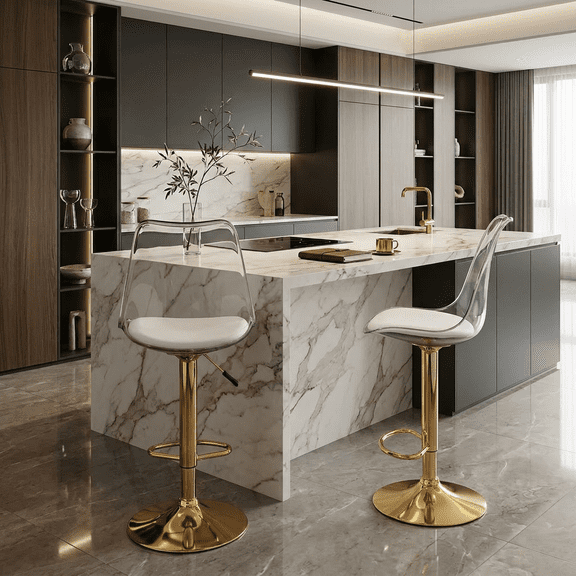 StnTalk Adjustable Swivel Bar Stools with Backs, Set of 2 Clear Barstool with Footrest, Modern Counter Height Chairs with White PU Cushion & Gold Metal Legs for Kitchen Island Bar Pub