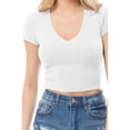 thumbnail image 6 of MixMatchy Women's Basic Ribbed Solid V-Neck Short Sleeve Crop Top, 6 of 6