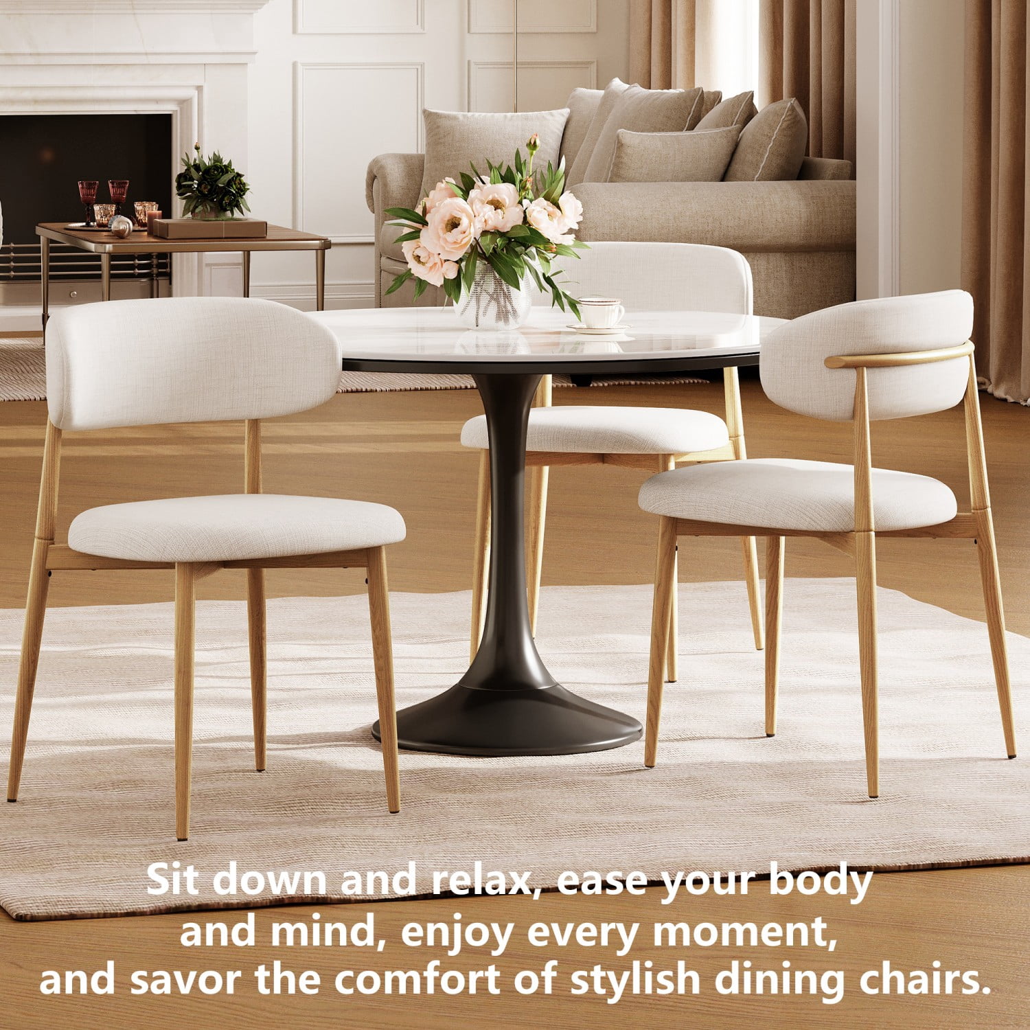 Dining Chairs Set of 4 Metal Kitchen Chairs Modern Fabric Upholstered Dining Room Chairs with Ergonomic Backrest Beige Industrial Farmhouse Style, Black