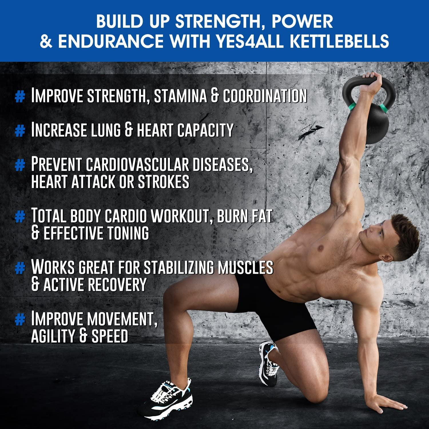 Yes4All 10kg / 22lb Powder Coated Kettlebell, Single