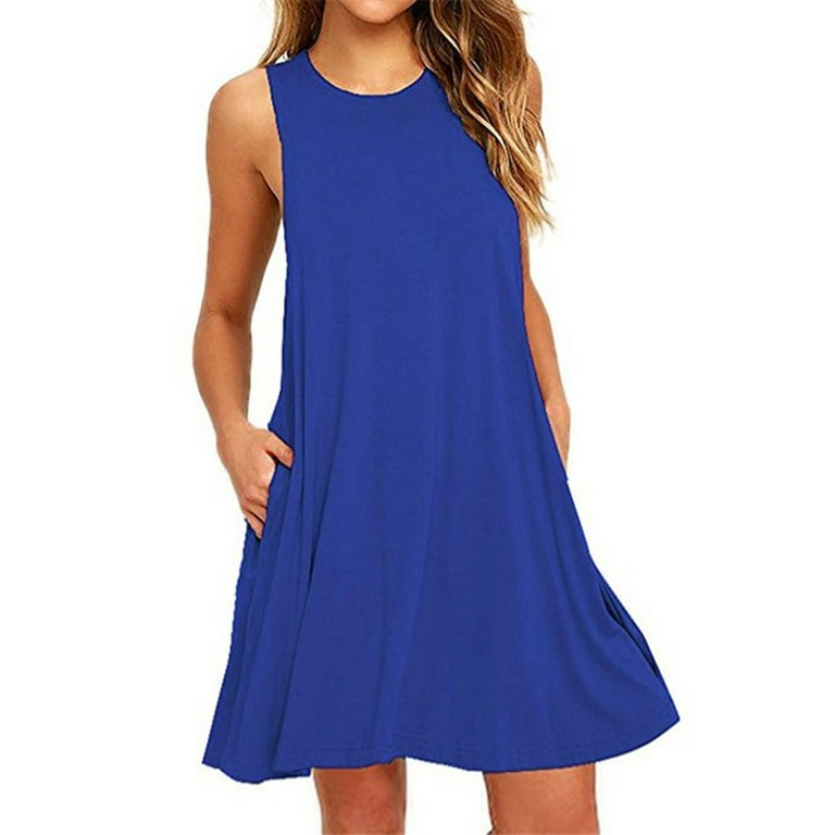 Umfun Women's Tank Top Dress Round Neck Sleeveless Dress Casual Versatile  Pleated Skirt Blue XL