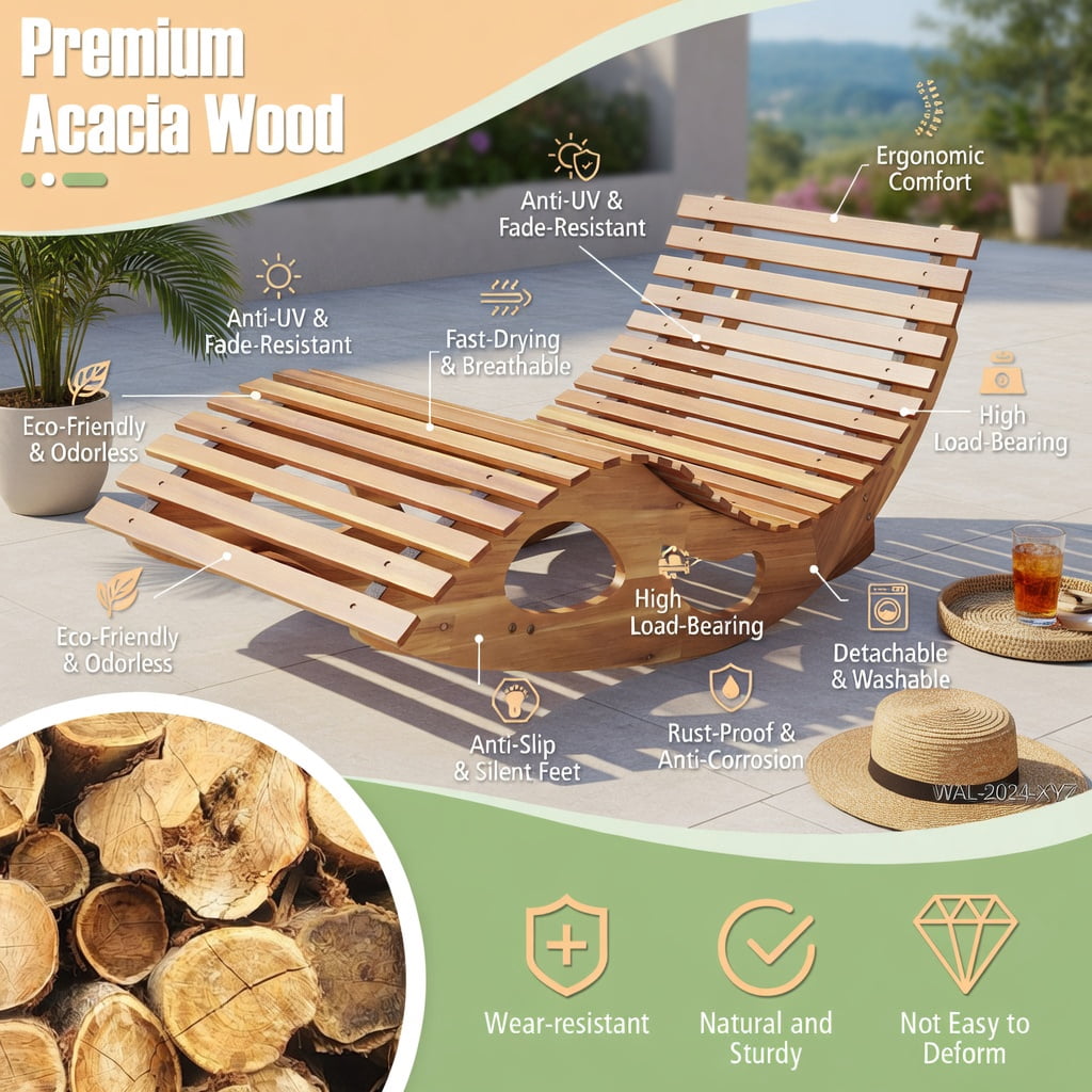 Hommoo Acacia Wood Rocking Chaise Lounge Chair, Ergonomic Curved Seat, Breathable Slatted Design, Outdoor Sun Lounger for Patio, Poolside & Backyard, Natural
