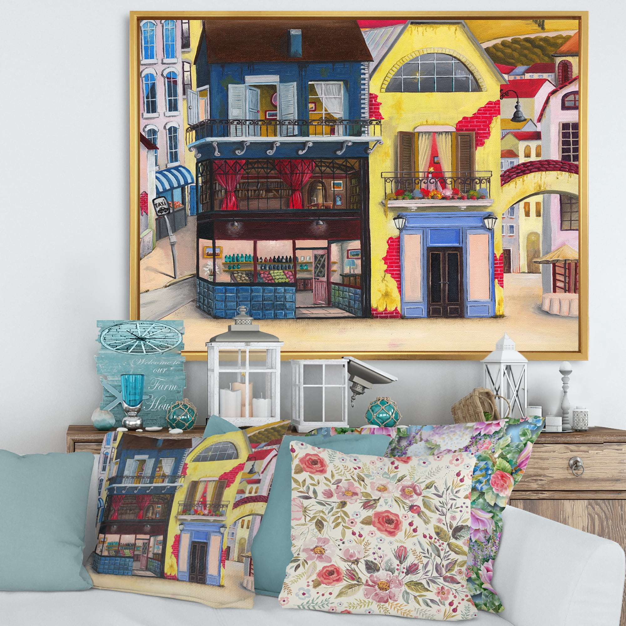 Designart 'The Colorful Facade of The Buildings In A Cozy Streets' French Country Framed Canvas Wall Art Print