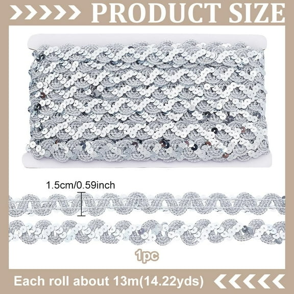 14.22 Yards Sequins Beaded Lace Trim 5/8 inch Wave Glitter Braid Trim Bling Strip Paillette Roll Ornament Accessories for Crafts Embellishments DIY Sewing Costume Silver
