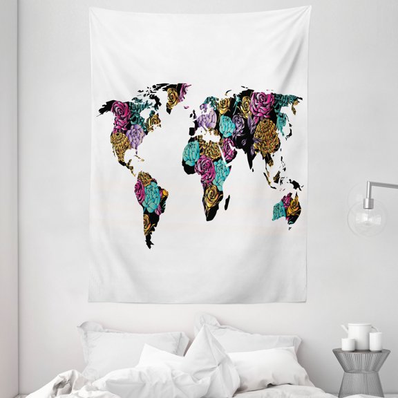 Earth Tapestry, World Map with Elegance Rose Flowered Continents Shabby Chic Thematic Petals Design, Wall Hanging for Bedroom Living Room Dorm Decor, 60W X 80L Inches, Multicolor, by Ambesonne