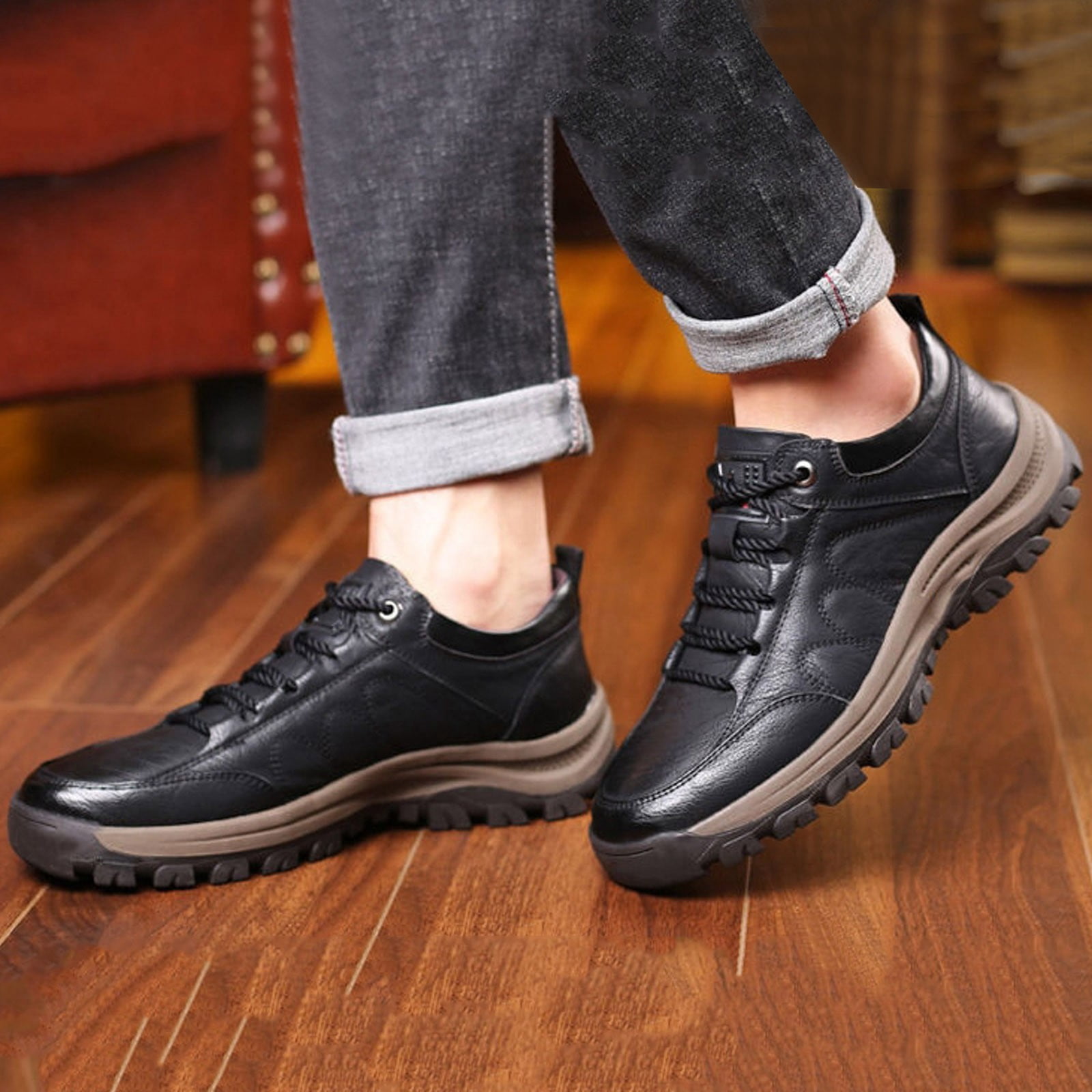IUJSOY Waterproof Shoes for Men Lightweight Hiking Shoes Leather Outdoor Casual Walking Shoes