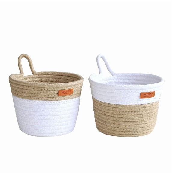 Wall Hanging Basket Storage, Cotton Rope Woven Small Hanging Baskets with Handle Decor Plant Basket (2 Pack),2 x Hanging Basket,white&khaki