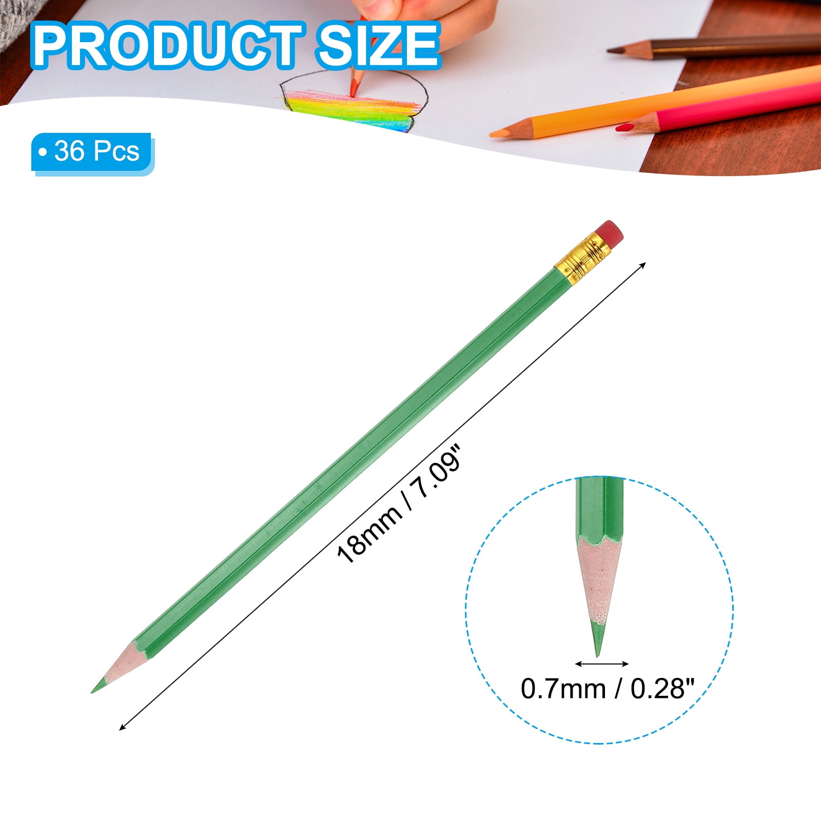Uxcell Erasable Colored Pencils, 36 Pcs Oil Color Pencils with Erasers Hexagonal Rod Wooden Colored Pencils for Tests Marking Grading Art Painting, Green