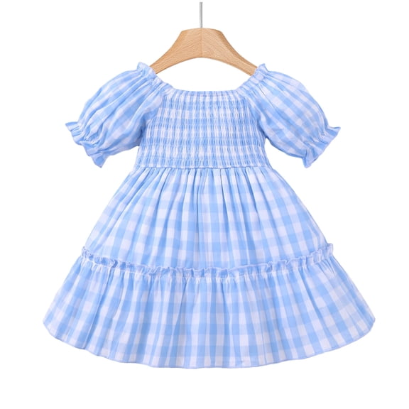 Baby Girls Clothes Infant Girls Plaid Dress 12 Months Girls Short Sleeve Dress 18 Months Girls Solid Color Dress Blue