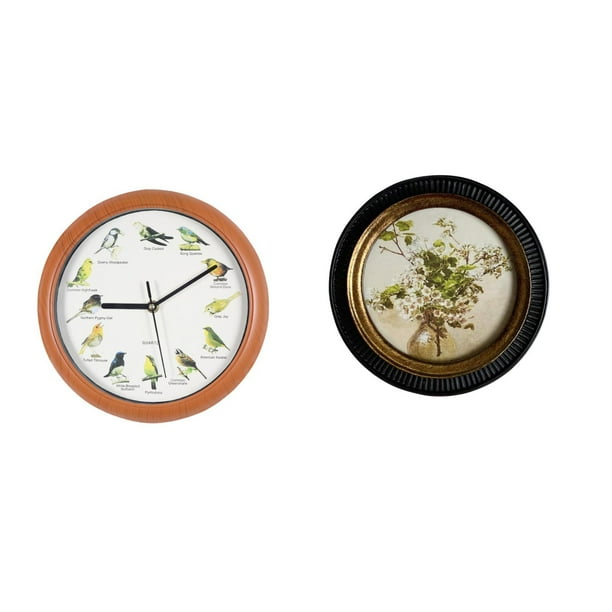 Reloj de pared,Reloj de pared con pájaro cantor Relojes de pared con pájaros,Marco de fotos redondo,Marco de fotos de resina de diseño retro europeo redondo,Marco de fotos vintage adornado