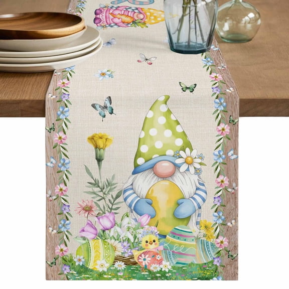 Table Runner 108 Inches Long for Kitchen Dining, Easter Dresser Scarf Farmhouse, Dining Table Decorations for Wedding/Parties, Rustic Gnomes Duck Floral Colorful Eggs Wooden Grain 13 x 108 In