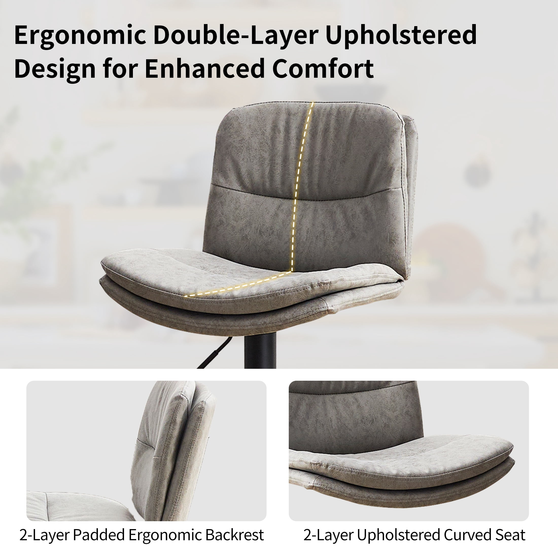 FIRAVOE Swivel Bar Stools Set of 2, Double-Layer Upholstered Counter Height Bar Stools with Back, PU Leather Height Adjustable Barstools for Kitchen Island, Gray