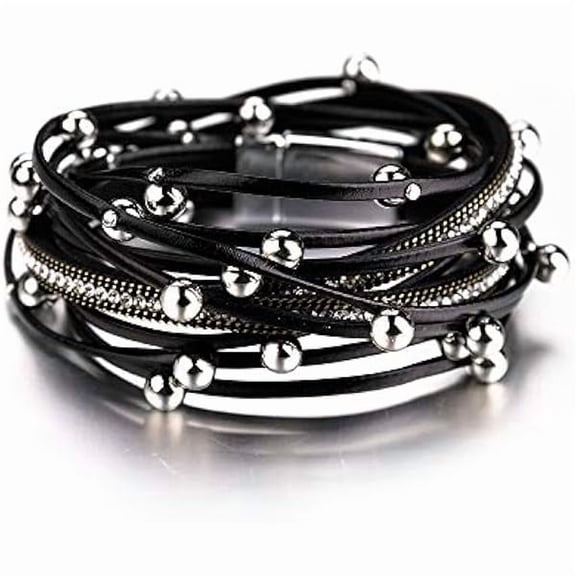 ZLC Leather Wrap Bracelets for Women, Boho Leopard Multi-Layer Crystal Beads Cuff Bracelet Jewelry