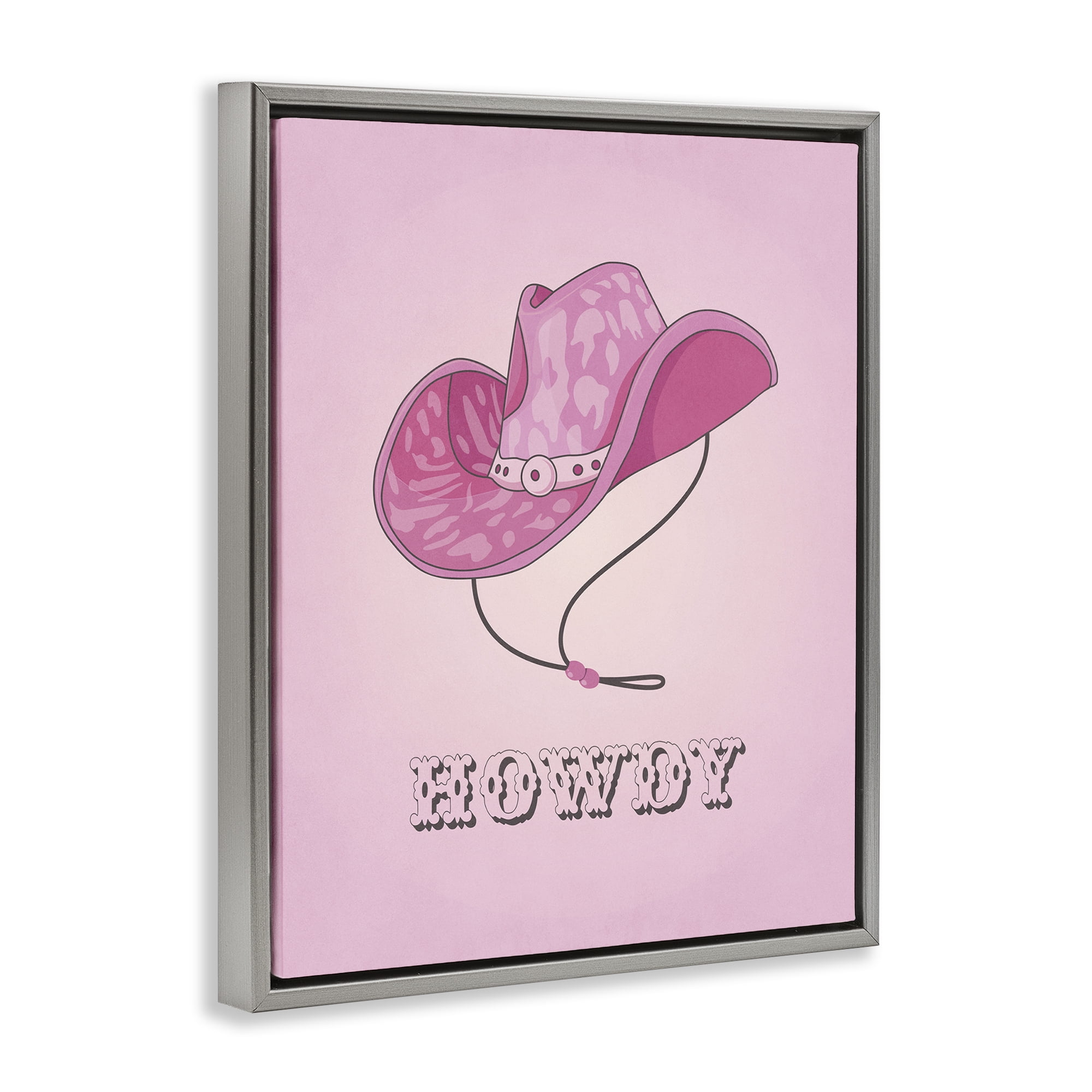 Stupell Industries Howdy Pink Cowgirl Hat Entertainment Painting Gray Floater Framed Canvas Art Print Wall Art, 17 x 21