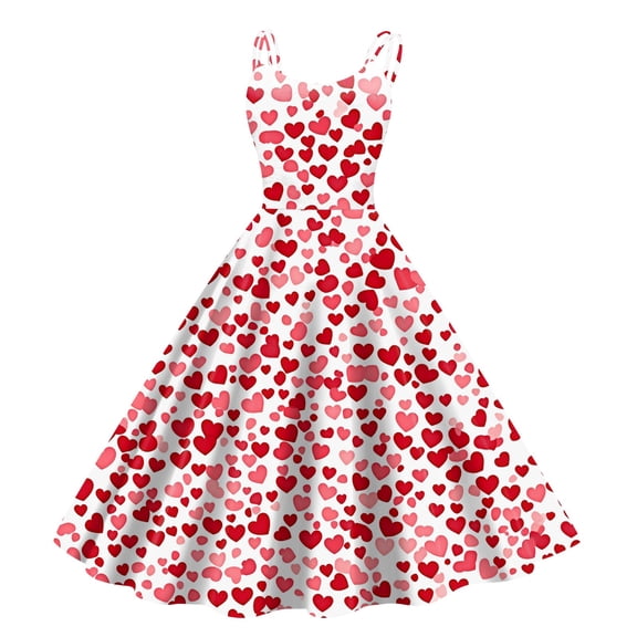 LWavelet Valentine's 2026 Backless Lace Heart Dress, Women's Romantic Rose Pattern Sleeveless Flowy A Line Sundresses Red L