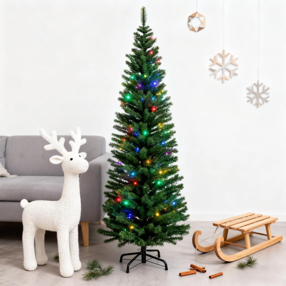 7ft Prelit Pencil Christmas Tree 499 Tips 180 Colorful LED Lights Flame Retardant Indoor Holiday Decor